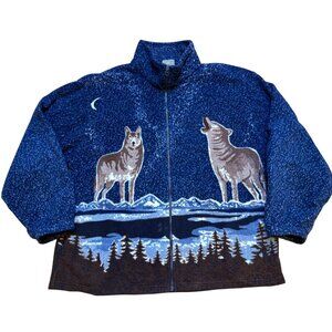 Y2K 90s AOP Wolf Print Fleece Full Zip Jacket L/XL